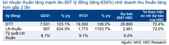 Bảng 1: KQKD Q3/2021 và 9T/2021, NKG 