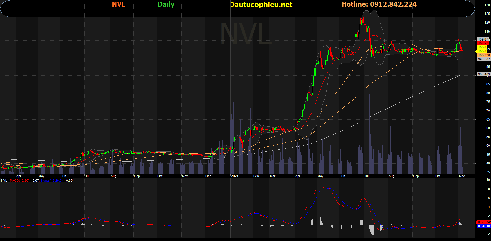 Đồ thị cổ phiếu NVL phiên giao dịch ngày 05/11/2021. Nguồn: AmiBroker